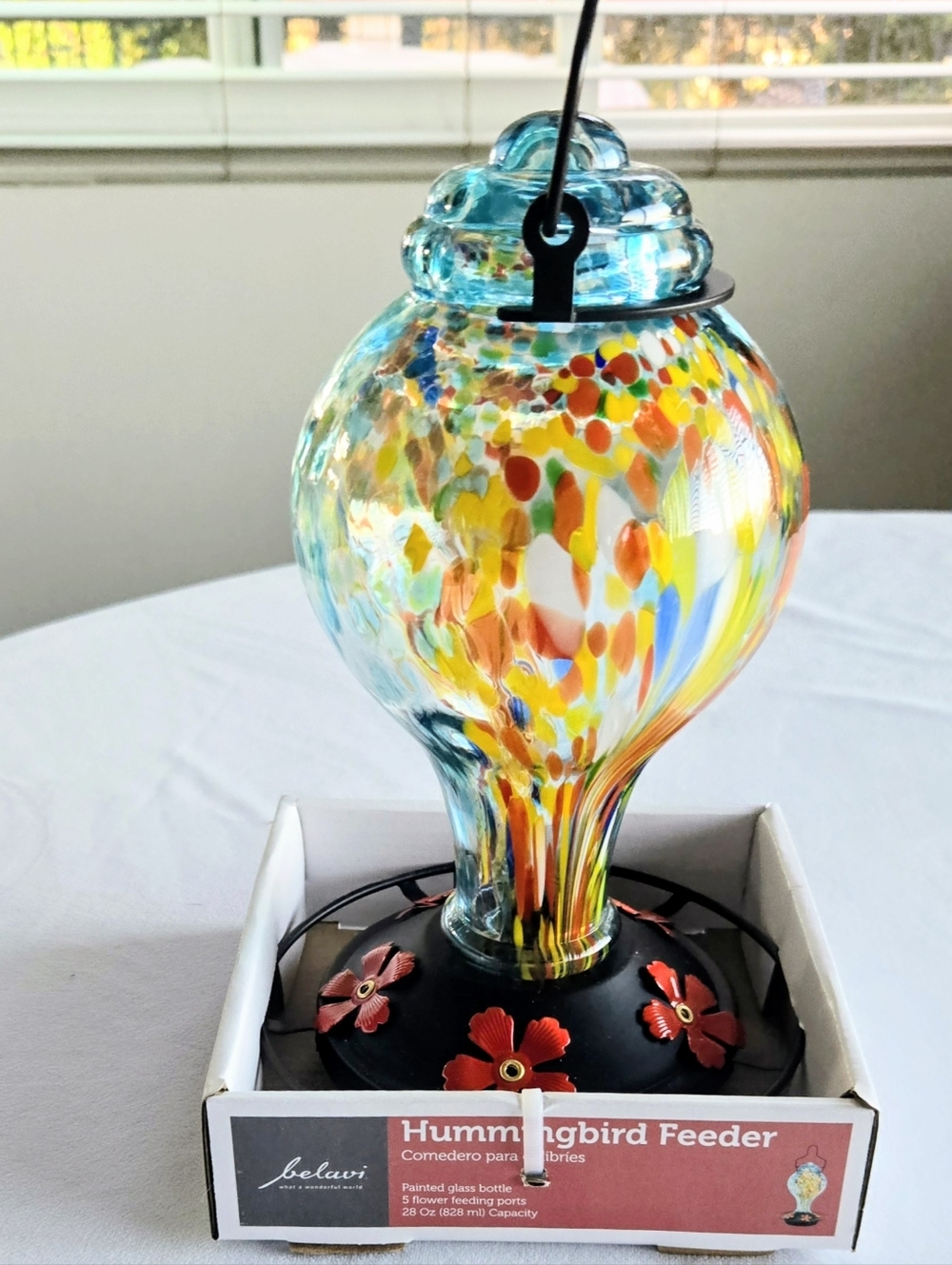 Hummingbird Glass Painted Feeder 28oz. Blue Multicolor 5 Ports Pets Bird Feeder